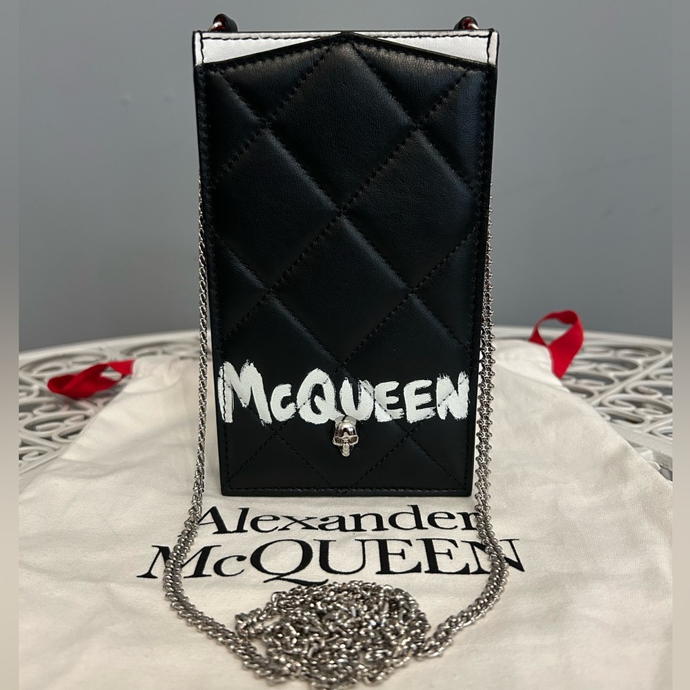 Alexander McQueen Graffiti Skull Quilted Leather Phone Holder in Black & White
